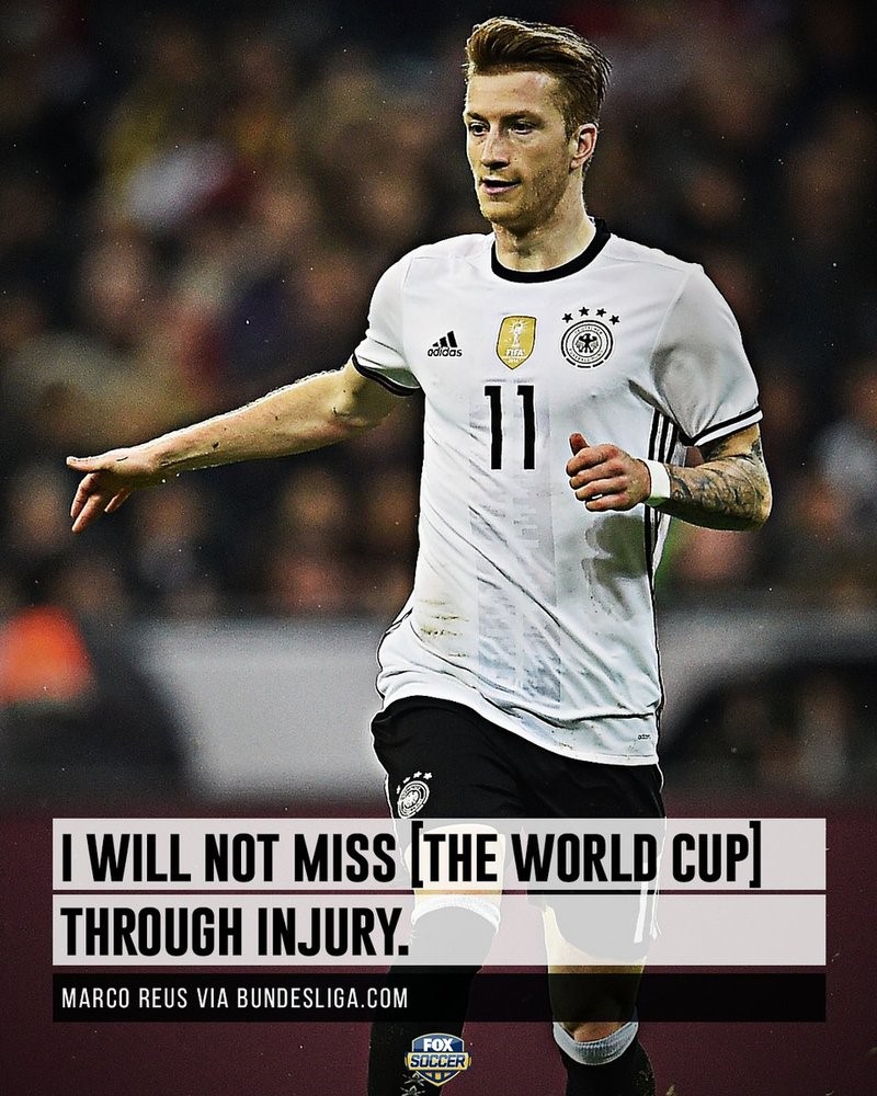 Germany forward Marco Reus sat out both Euro 2016 and World Cup 2014 due to injury, but has promised to return to the biggest stage this summer. Image via Twitter (@FoxSoccer).